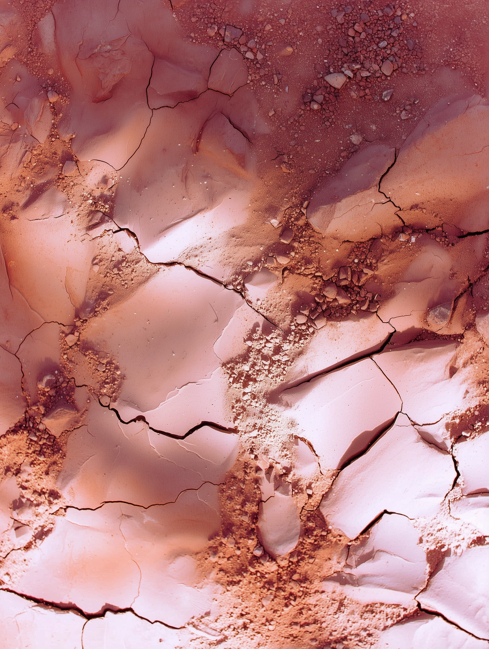 Cracked rose and terracotta earth with pale mineral seams.