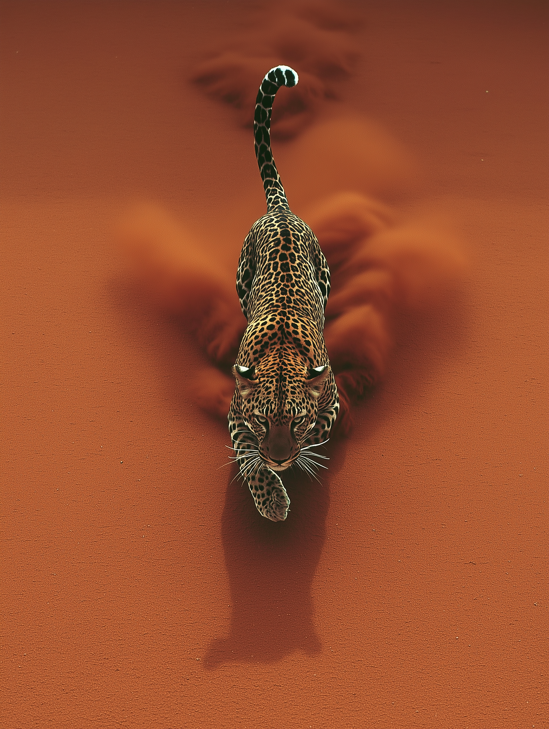 A leopard walking forward across a deep terracotta landscape.