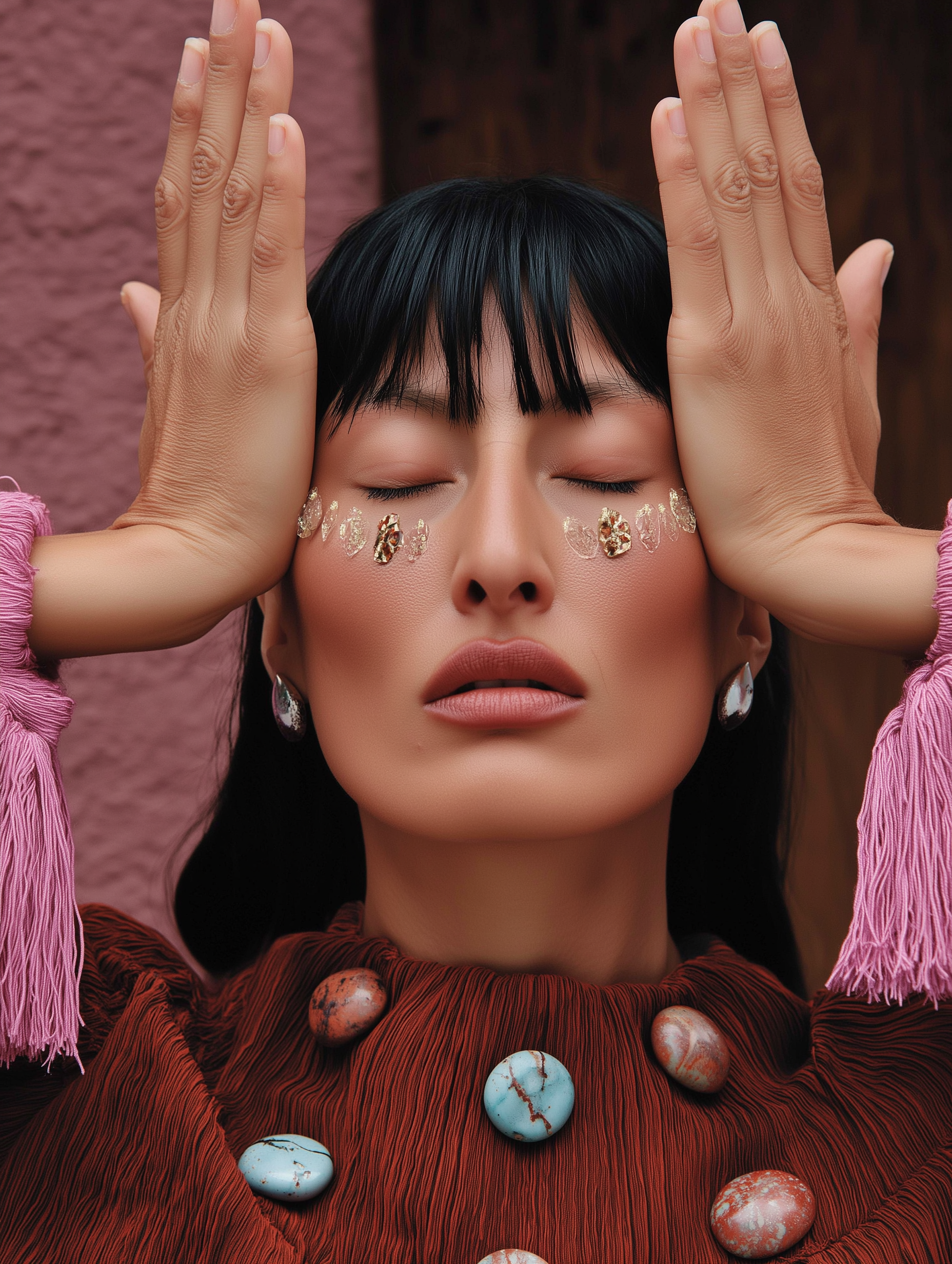 A woman with closed eyes, framed by raised hands and earthy gemstones.