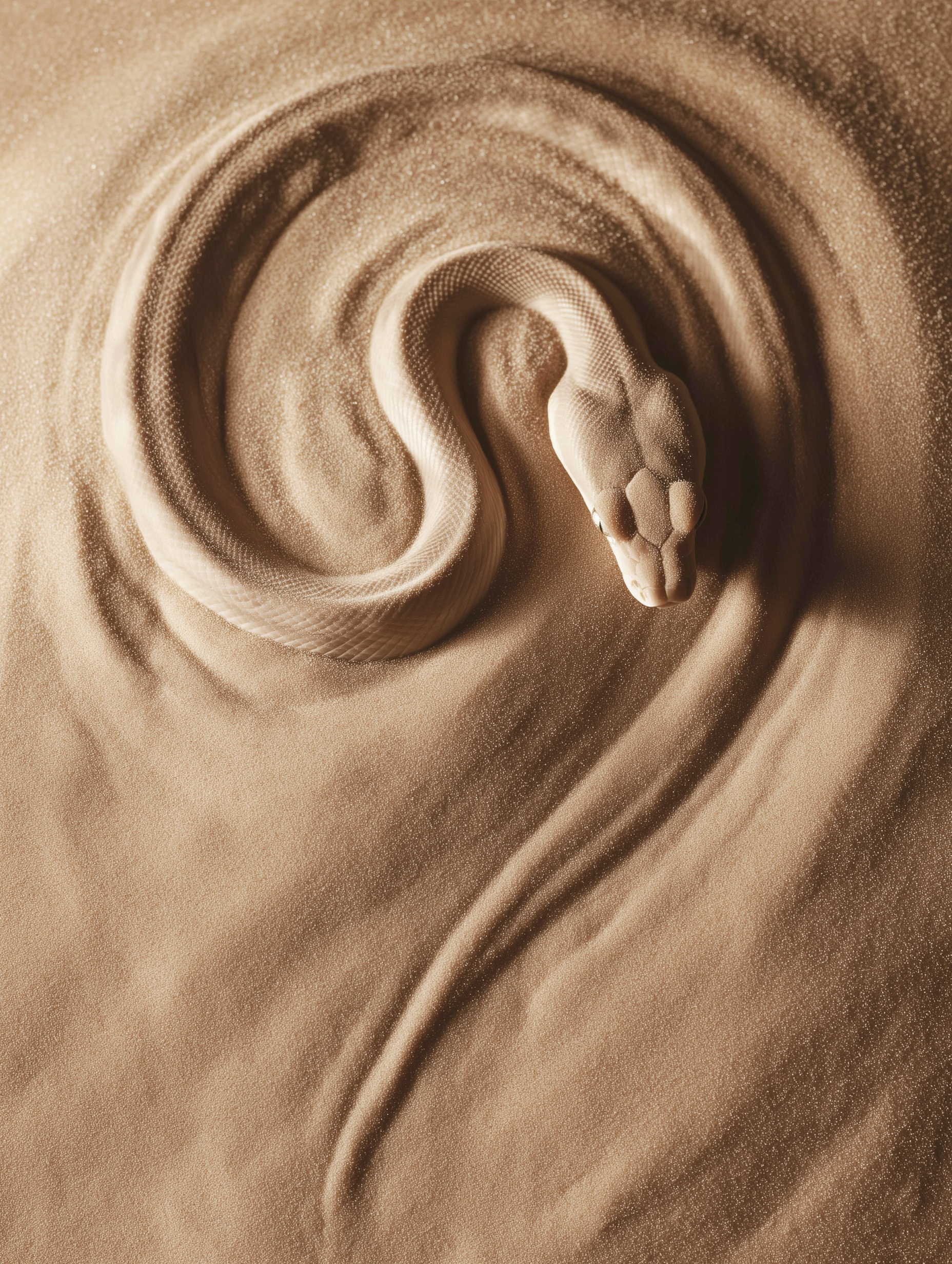 A pale snake coiled into a spiral in softly textured sand.